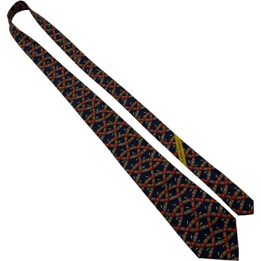 Salvatore Ferragamo Blue Red‎ Train Print Pure Silk Necktie Made in Italy 57x3.5